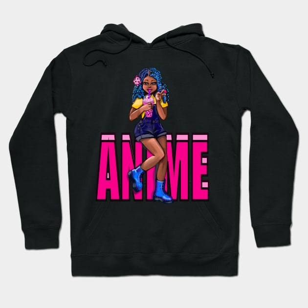 Cute Kawaii black Girl with bubble tea, African American, Black cartoon, pink text anime, game character girl Hoodie by Artonmytee